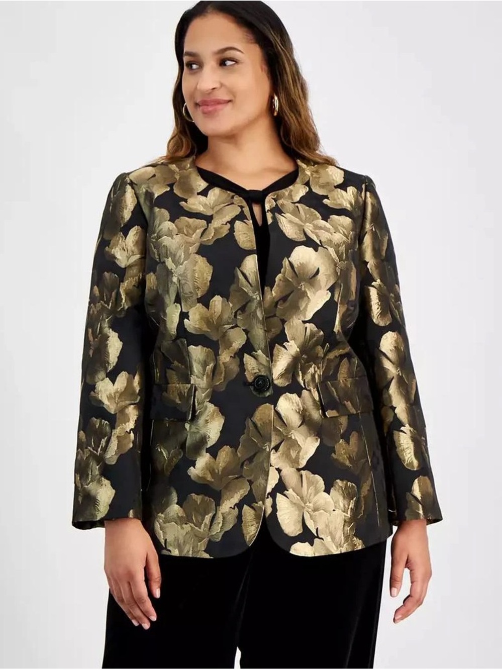 NWT Kasper Blazer Women's Size 12 Black & Gold Metallic Floral Jacquard